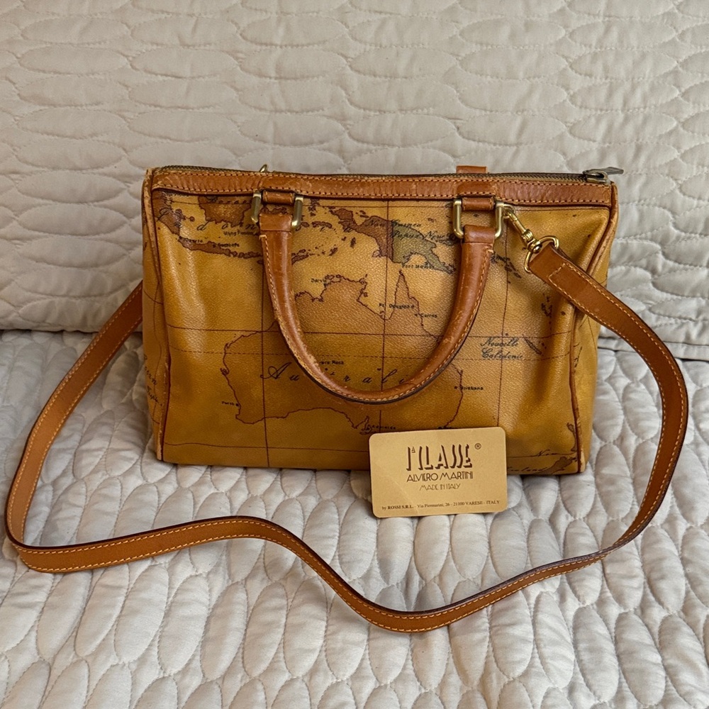 Authentic Alviero Martini Tan Map Print Boston crossbody Bag